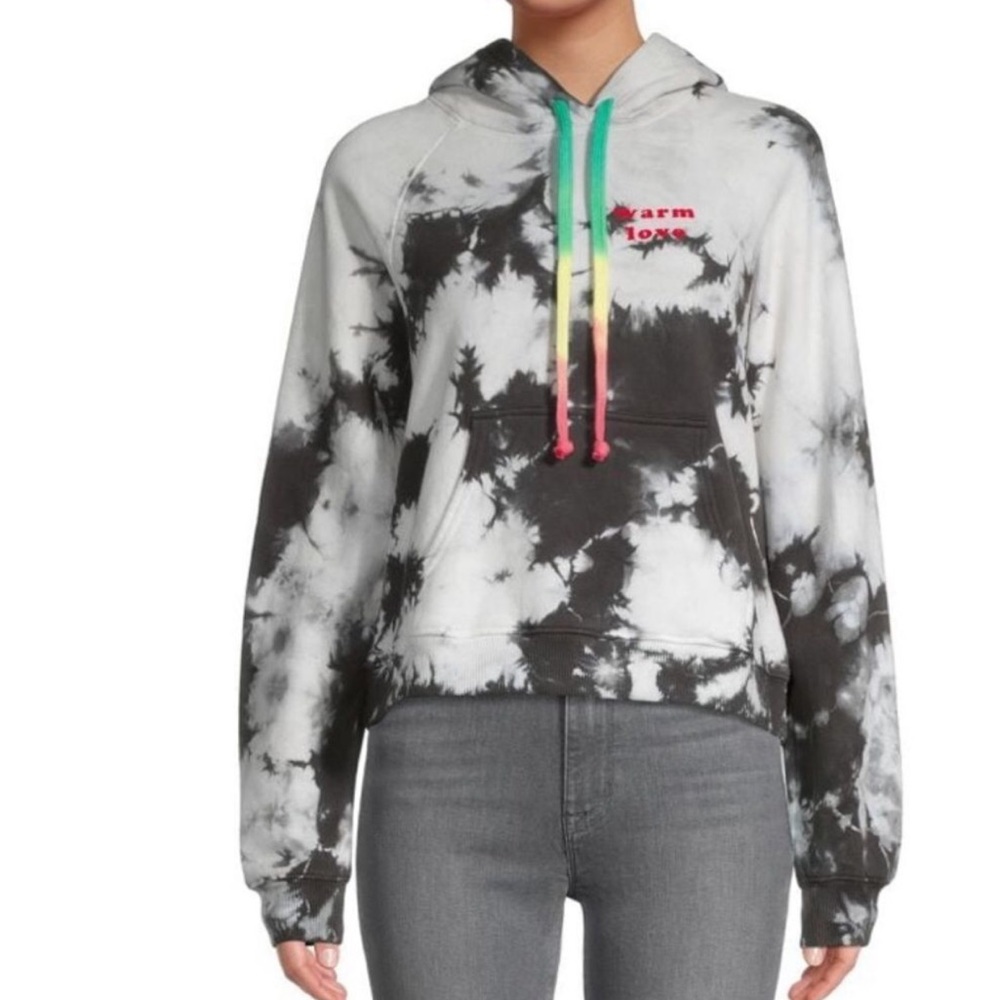 NWT Warm Tie Dye Hoodie Sweatshirt Black & Grey w Rainbow Drawstring Oversized